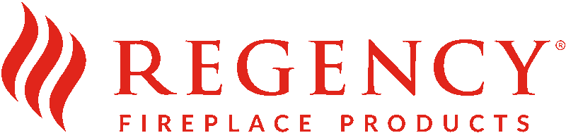 Regency Fireplace Products written in red with flames to the left.